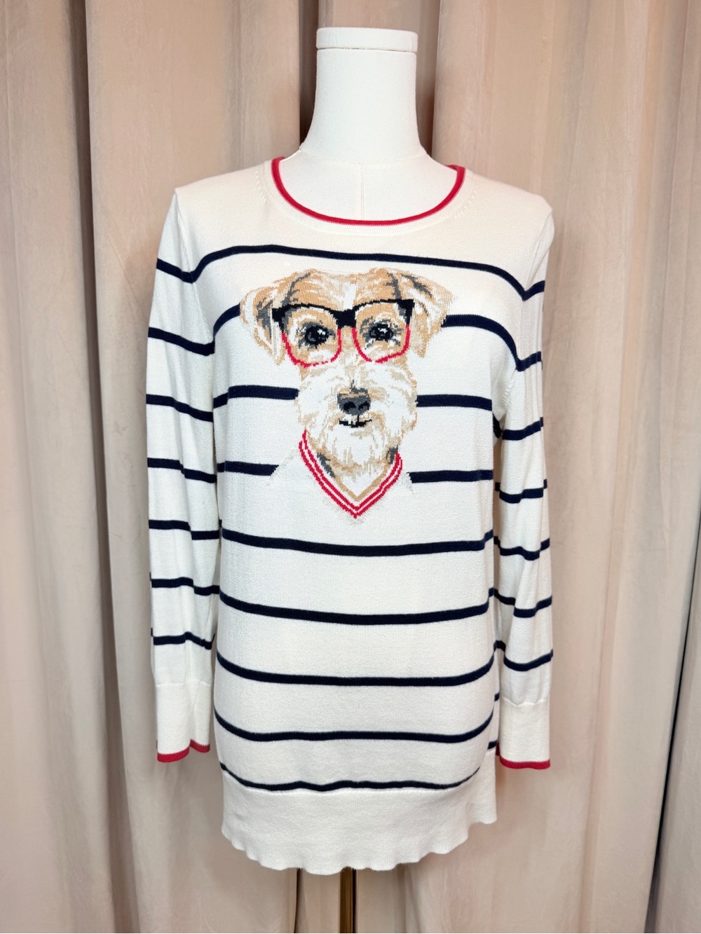 Lands' End Cream Top with Navy Label and Pink Trim